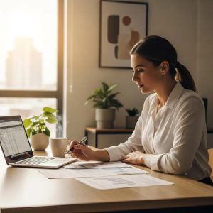 Small business owner reviewing financial documents in a cozy office setting