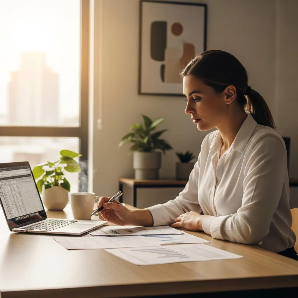 Small business owner reviewing financial documents in a cozy office setting