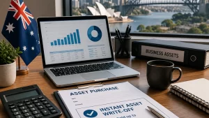 Desk with a laptop displaying charts, asset purchase documents, a calculator, mug, and a 'Business Assets' binder on a windowed office desk with a flag nearby, suggesting financial planning not tax advice.