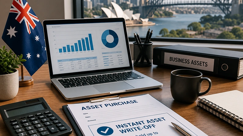 Desk with a laptop displaying charts, asset purchase documents, a calculator, mug, and a 'Business Assets' binder on a windowed office desk with a flag nearby, suggesting financial planning not tax advice.